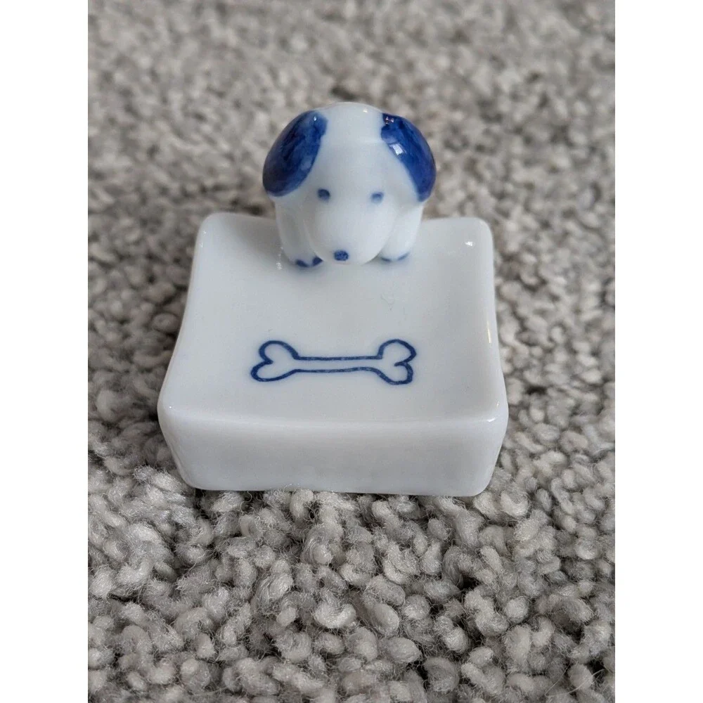 Chopstick Rests Porcelain Dog Blue White Trinket Figurine